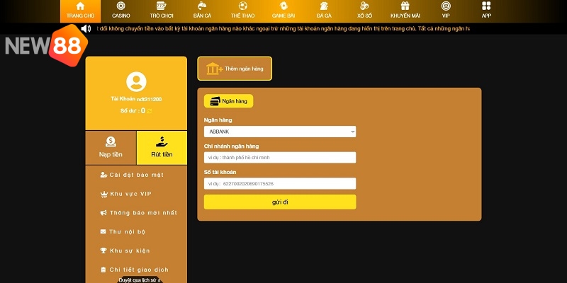 Hướng dẫn nạp tiền NEW88 thông qua tài khoản ngân hàng